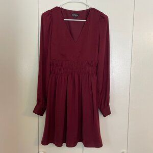 XS Maroon V-Neck Cinched Waist Long Sleeve Express Dress